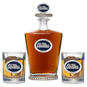 University of Mississippi "Ole Miss" Logo Royal Decanter w/ 3D Top - Diamond Accents & 2 Glasses - Heritage Metalworks, Inc.
