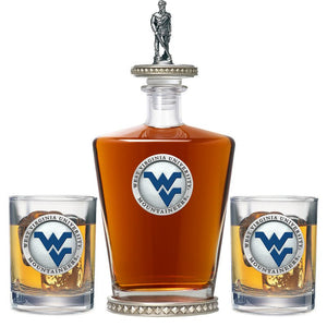 West Virginia University Royal Decanter w/ Mountaineer 3D Top - Diamond Accents & 2 Glasses - Heritage Metalworks, Inc.