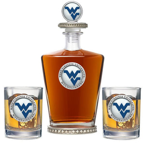 West Virginia University Royal Decanter w/ 3D Top - Diamond Accents & 2 Glasses - Heritage Metalworks, Inc.