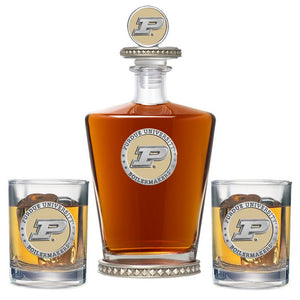 Purdue University Royal Decanter w/ 3D Top - Diamond Accents & 2 Glasses - Heritage Metalworks, Inc.