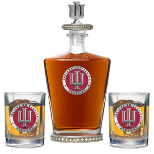 Indiana University Royal Decanter w/ 3D Top - Diamond Accents & 2 Glasses - Heritage Metalworks, Inc.
