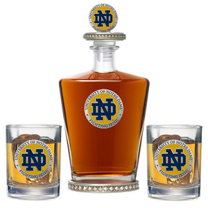 University of Notre Dame Royal Decanter w/ 3D Top - Diamond Accents & 2 Glasses - Heritage Metalworks, Inc.