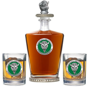 Marshall University Royal Decanter w/ Buffalo 3D Top - Diamond Accents & 2 Glasses - Heritage Metalworks, Inc.