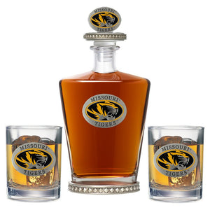 University of Missouri Royal Decanter w/ 3D Top-Diamond Accents & 2 Glasses - Heritage Metalworks, Inc.