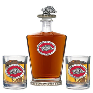 University of Arkansas Royal Decanter w/ 3D Top - Diamond Accents & 2 Glasses - Heritage Metalworks, Inc.