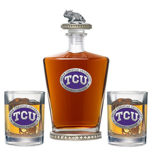 Texas Christian University Royal Decanter w/ Horned Frog 3D Top - Diamond Accents & 2 Glasses - Heritage Metalworks, Inc.