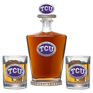 Texas Christian University Royal Decanter w/ 3D Top - Diamond Accents & 2 Glasses - Heritage Metalworks, Inc.