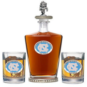 University of North Carolina Royal Decanter w/ 3D Top - Diamond Accents & 2 Glasses - Heritage Metalworks, Inc.