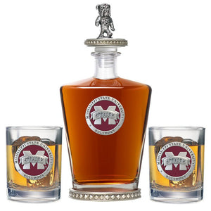 Mississippi State University Bulldogs "M" Logo Royal Decanter w/ Bulldog 3D Top - Diamond Accents & 2 Glasses - Heritage Metalworks, Inc.
