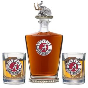 University of Alabama Royal Decanter w/ Elephant Head 3D Top - Diamond Accents & 2 Glasses - Heritage Metalworks, Inc.