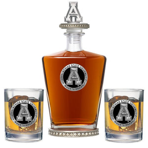Appalachian State University Royal Decanter w/ 3D Top - Diamond Accents & 2 Glasses - Heritage Metalworks, Inc.