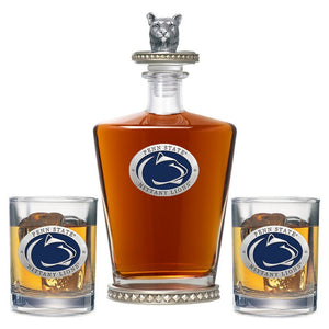 Penn State University Royal Decanter w/ 3D Top - Diamond Accents & 2 Glasses - Heritage Metalworks, Inc.