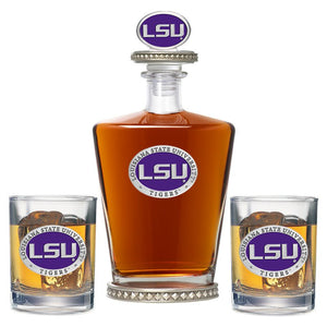 Louisiana State University Royal Decanter w/ 3D Top - Diamond Accents & 2 Glasses - Heritage Metalworks, Inc.