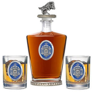 United States Naval Academy Crest Royal Decanter w/ 3D Top - Diamond Accents & 2 Glasses - Heritage Metalworks, Inc.