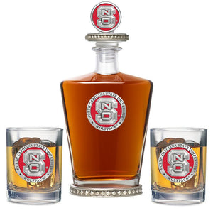North Carolina State University Royal Decanter w/ 3D Top - Diamond Accents & 2 Glasses - Heritage Metalworks, Inc.
