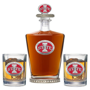 Iowa State University Royal Decanter w/ 3D Top - Diamond Accents & 2 Glasses - Heritage Metalworks, Inc.