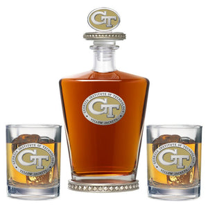Georgia Tech GT Logo Royal Decanter w/ 3D Top - Diamond Accents & 2 Glasses - Heritage Metalworks, Inc.