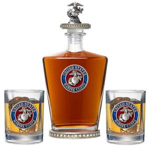 Marine Corps Royal Decanter w/ 3D Top - Diamond Accents & 2 Glasses - Heritage Metalworks, Inc.