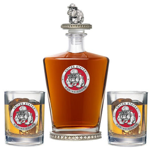 Marine Corps Bulldog Royal Decanter w/ 3D Top - Diamond Accents & 2 Glasses - Heritage Metalworks, Inc.