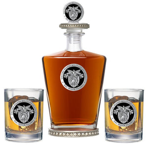 United States Military Academy Crest Royal Decanter w/ 3D Top - Diamond Accents & 2 Glasses - Heritage Metalworks, Inc.