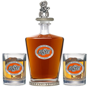 Oklahoma State University Royal Decanter w/ Cowboy 3D Top - Diamond Accents & 2 Glasses - Heritage Metalworks, Inc.