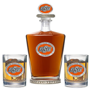 Oklahoma State University Royal Decanter w/ 3D Top - Diamond Accents & 2 Glasses - Heritage Metalworks, Inc.