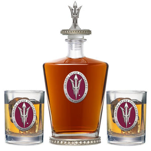 Arizona State University Fork Logo Royal Decanter w/ 3D Top - Diamond Accents & 2 Glasses - Heritage Metalworks, Inc.