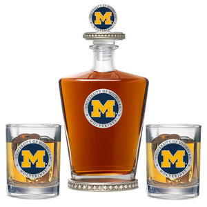 University of Michigan Royal Decanter w/ 3D Top - Diamond Accents & 2 Glasses - Heritage Metalworks, Inc.