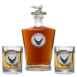 Air Force Wings Royal Decanter w/ Jet 3D Top - Diamond Accents & 2 Glasses - Heritage Metalworks, Inc.