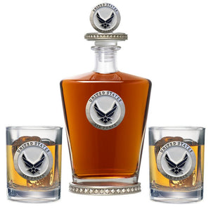 Air Force Wings Royal Decanter w/ 3D Top - Diamond Accents & 2 Glasses - Heritage Metalworks, Inc.