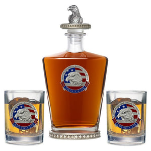 America's 250th Anniversary Eagle Head with Flag Royal Decanter w/ Eagle Head 3D Top - Diamond Accents & 2 Glasses - Heritage Metalworks, Inc.