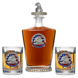 America's 250th Anniversary Eagle Head with Flag Royal Decanter w/ Eagle Head 3D Top - Diamond Accents & 2 Glasses - Heritage Metalworks, Inc.