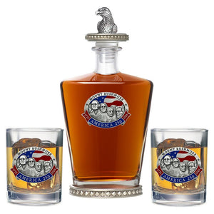 America's 250th Anniversary Mount Rushmore Royal Decanter w/ Eagle Head 3D Top - Diamond Accents & 2 Glasses - Heritage Metalworks, Inc.