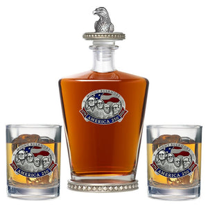 America's 250th Anniversary Mount Rushmore Royal Decanter w/ Eagle Head 3D Top - Diamond Accents & 2 Glasses - Heritage Metalworks, Inc.