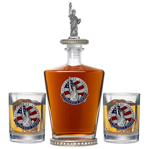 America's 250th Anniversary Statue of Liberty Royal Decanter w/ 3D Top - Diamond Accents & 2 Glasses - Heritage Metalworks, Inc.