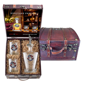 America's 250th Anniversary Statue of Liberty Royal Decanter w/ 3D Top - Diamond Accents and 2 Glasses with Chest Box - Heritage Metalworks, Inc.