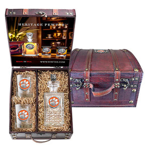 Clemson University Heritage Decanter with 3D Top and 2 Glasses with Chest Box - Heritage Metalworks, Inc.
