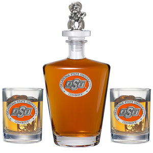 Oklahoma State University Royal Decanter with 3D Top & 2 Glasses - Heritage Metalworks, Inc.