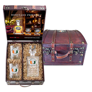 University of Miami Heritage Decanter with 3D Top and 2 Glasses with Chest Box - Heritage Metalworks, Inc.
