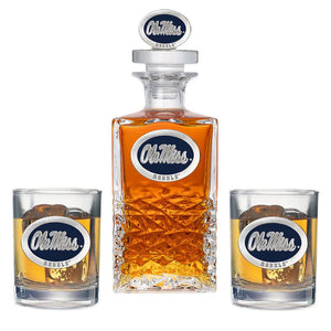 University of Mississippi "Ole Miss" Blue Logo Heritage Decanter with 3D Top & 2 Glasses - Heritage Metalworks, Inc.