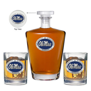 University of Mississippi "Ole Miss" Blue Logo Royal Decanter with 2 Glasses - Heritage Metalworks, Inc.