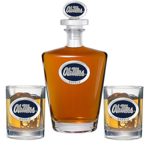 University of Mississippi "Ole Miss" Blue Logo Royal Decanter with 3D Top & 2 Glasses - Heritage Metalworks, Inc.