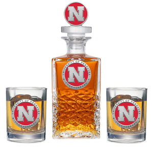 University of Nebraska Heritage Decanter with 3D Top & 2 Glasses - Heritage Metalworks, Inc.
