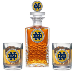 University of Notre Dame Heritage Decanter with 3D Top & 2 Glasses - Heritage Metalworks, Inc.