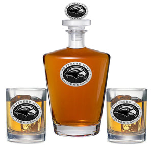 University of Southern Mississippi Royal Decanter with 3D Top & 2 Glasses - Heritage Metalworks, Inc.