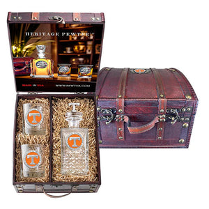 University of Tennessee Heritage Decanter with 3D Top Power T and 2 Glasses with Chest Box - Heritage Metalworks, Inc.