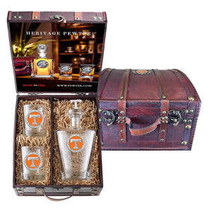 University of Tennessee Royal Decanter with 3D Top Horned Frogs and 2 Glasses w/ Chest Box - Heritage Metalworks, Inc.