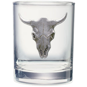 longhorn skull, double old fashioned glass, western
